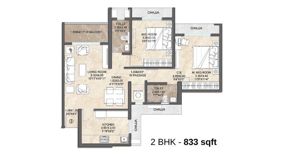 Dosti-Willow-Floor-Plan-2-BHK-833-sqft