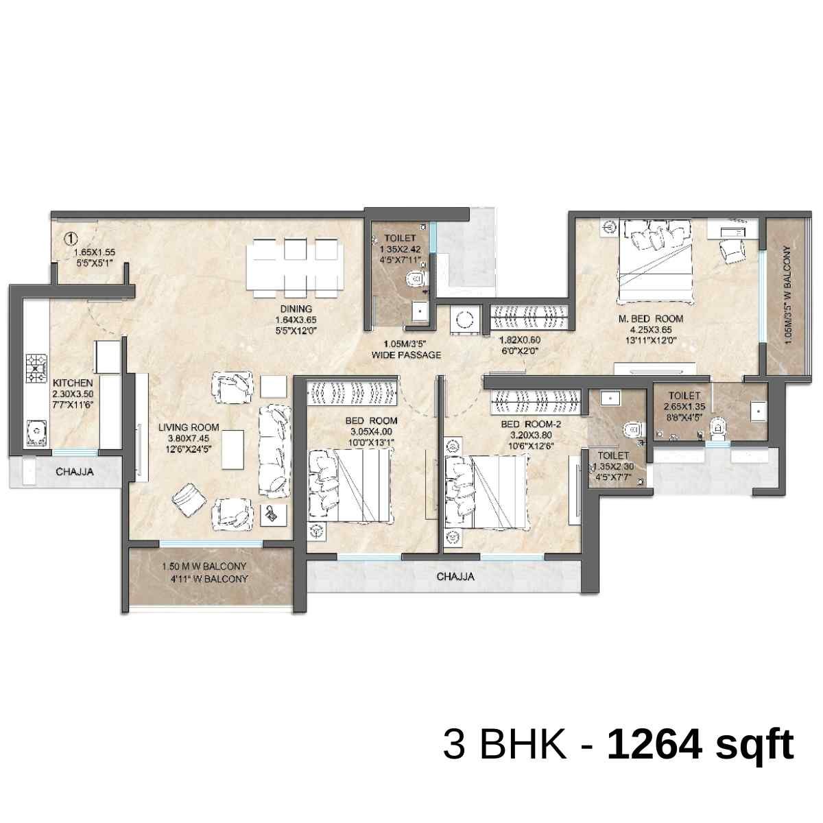 Dosti-Willow-Floor-Plan-3-BHK-1264-sqft
